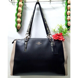 Coach Christie Black & Nude Colorblock Carryall Pebbled Leather Satchel Bag